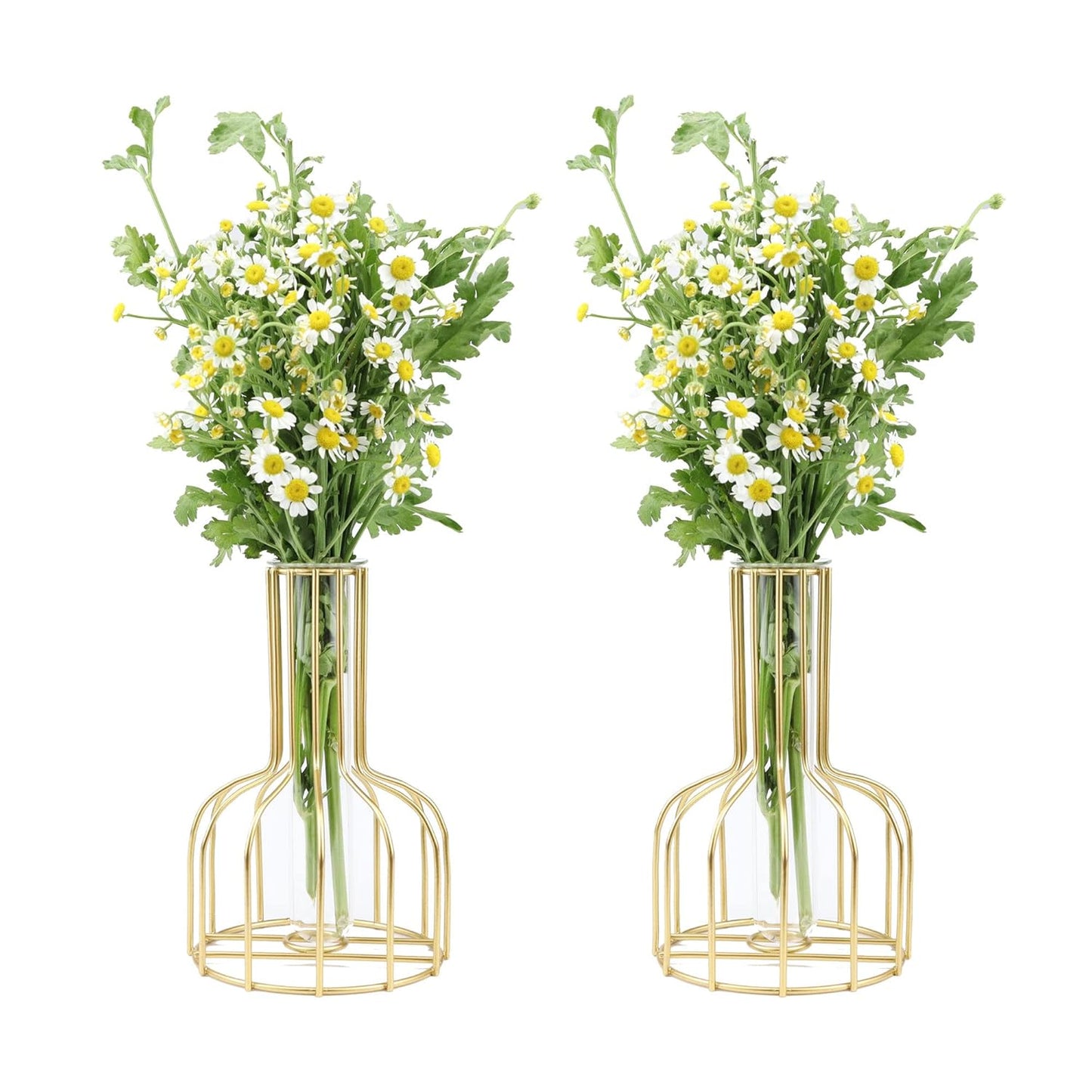 Kathney set of 2 Small Flower Glass Clear geometric Vase Test Tube Metal Frame Vase Plant Propagation Stations for Centerpieces Pampas Grass Table...