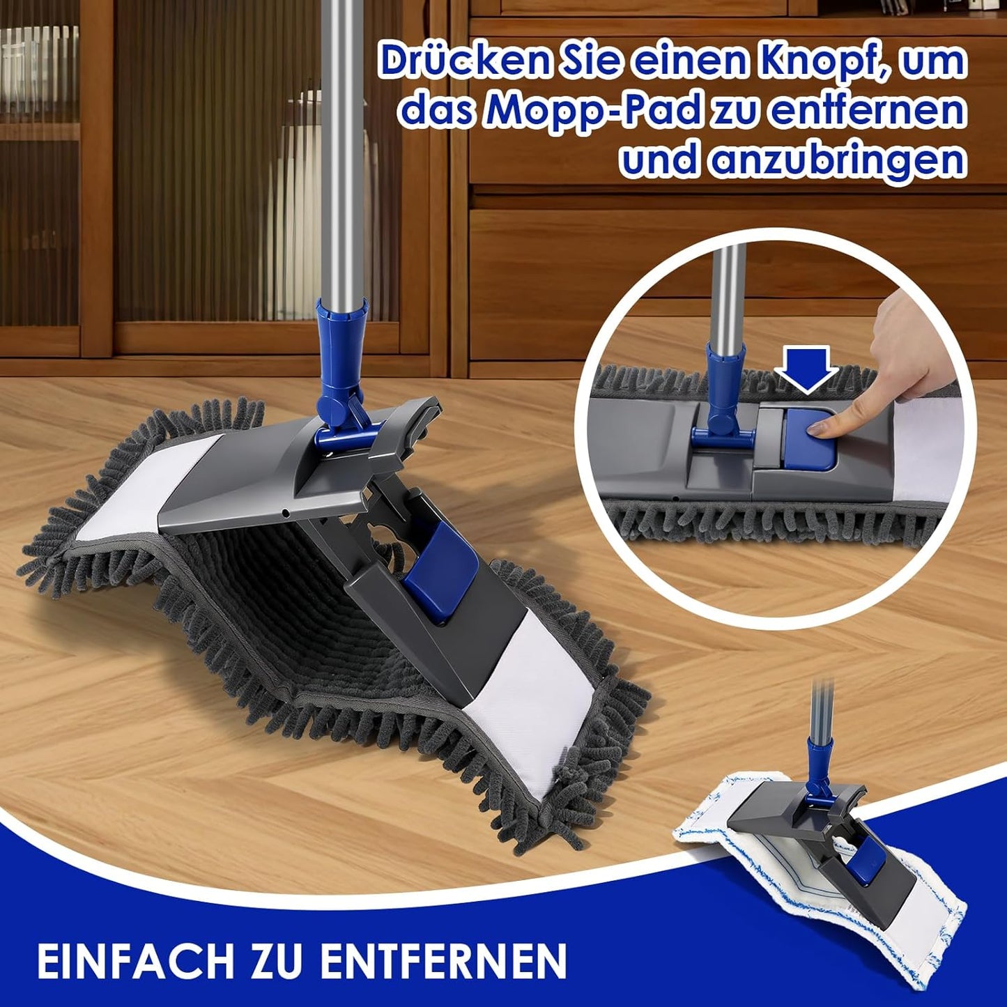 Masthome Mop Set of 4 Mop Pads, Chenille Floor Mop with Long Handle, Microfibre Flat Mop for Hardwood, Marble, Tile Cleaning, Send 1 Scraper, Blue