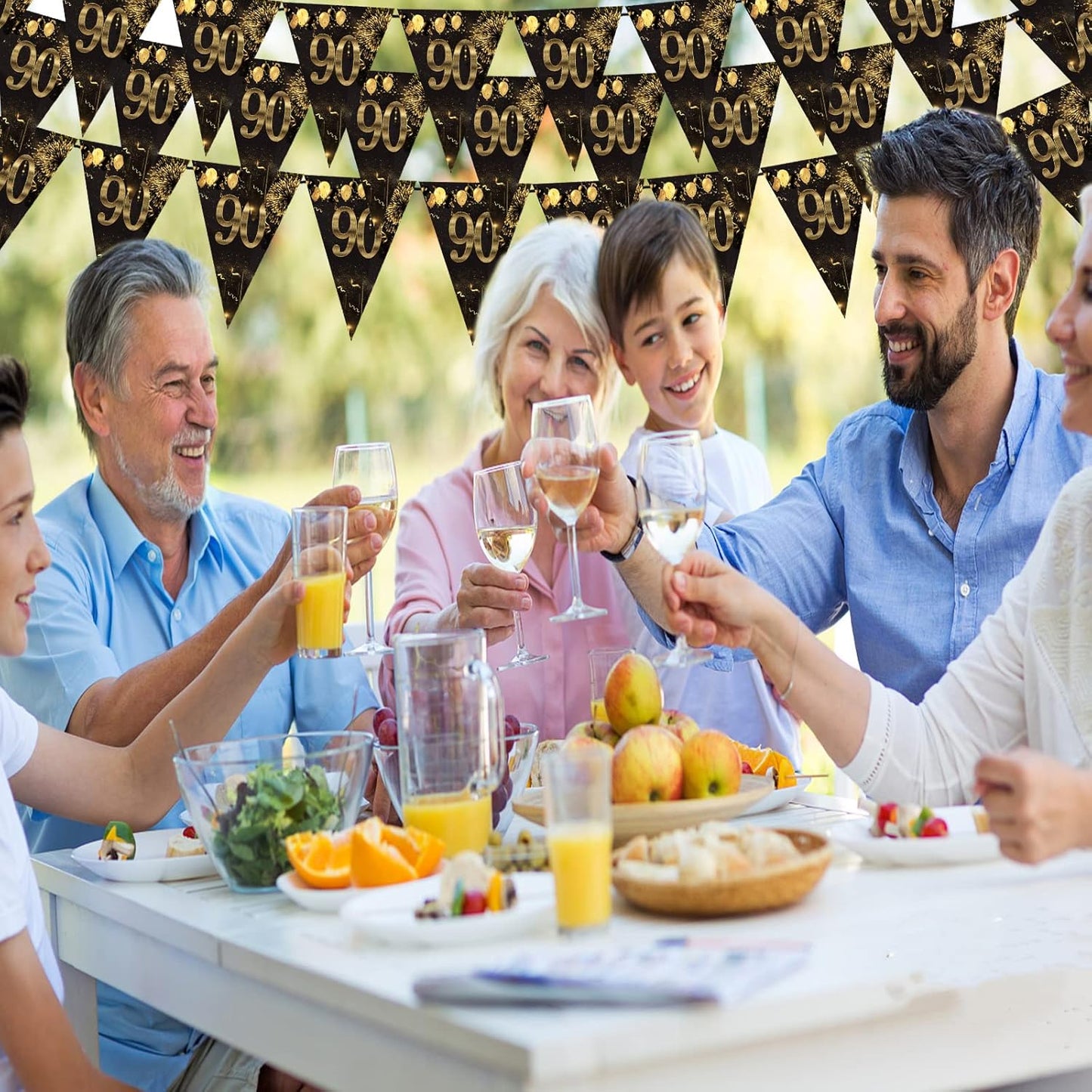 90th Happy Birthday Banner Bunting Flags 40 Pieces Gold and Black Glitter Birthday Anniversary Theme Party Decoration Supplies