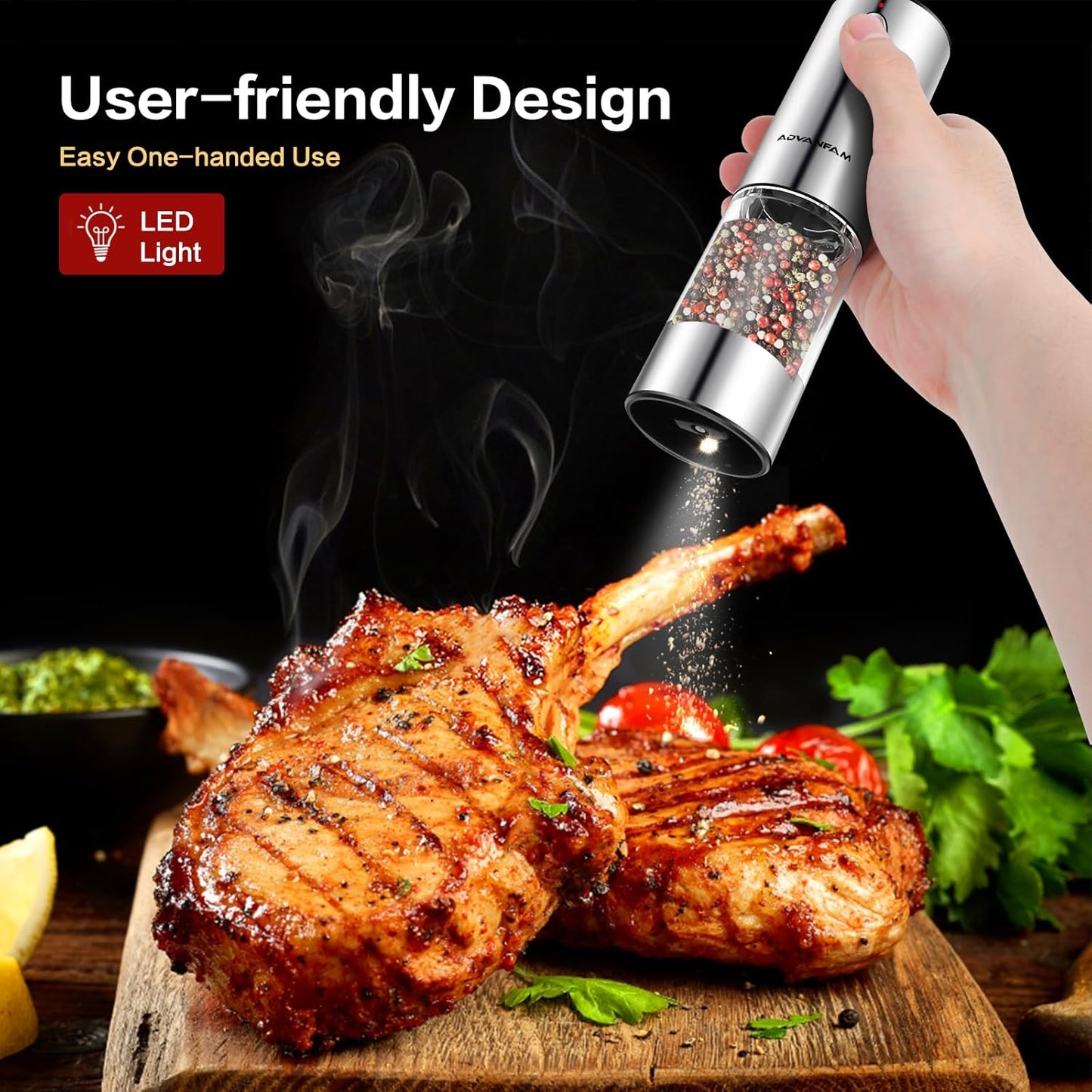 Advanfam Upgraded Larger Capacity Electric Salt and Pepper Grinder Stainless Steel Pepper Grinder with LED Light, Rechargeable Automatic Salt Pepper Mill...