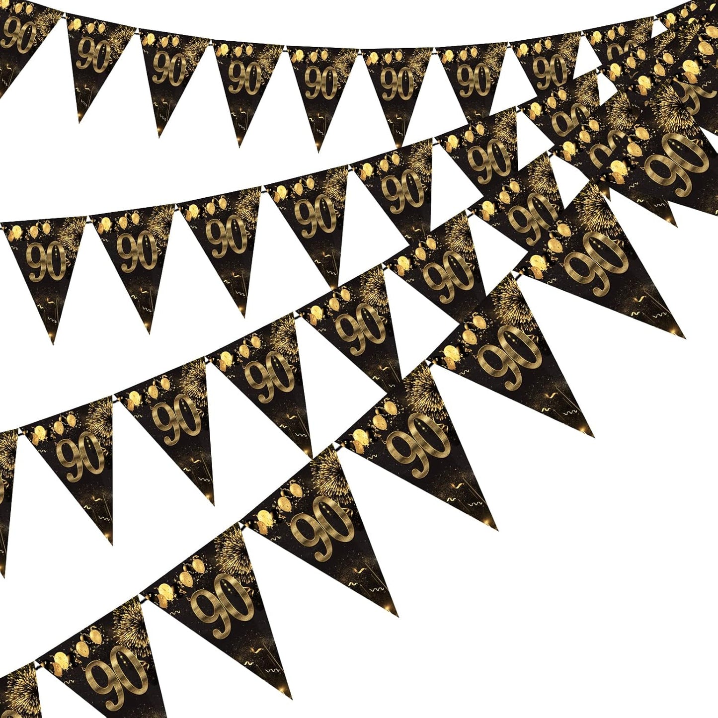 90th Happy Birthday Banner Bunting Flags 40 Pieces Gold and Black Glitter Birthday Anniversary Theme Party Decoration Supplies