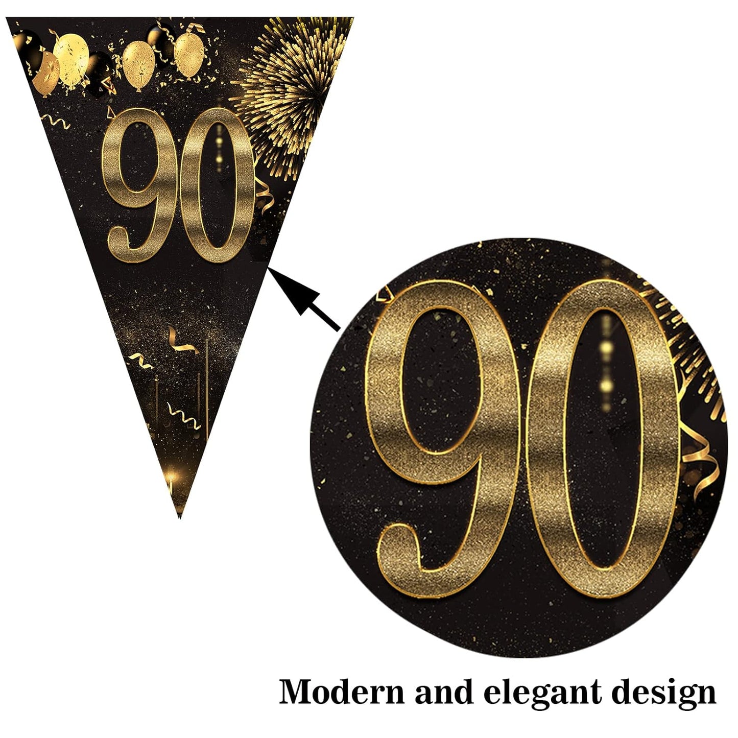 90th Happy Birthday Banner Bunting Flags 40 Pieces Gold and Black Glitter Birthday Anniversary Theme Party Decoration Supplies