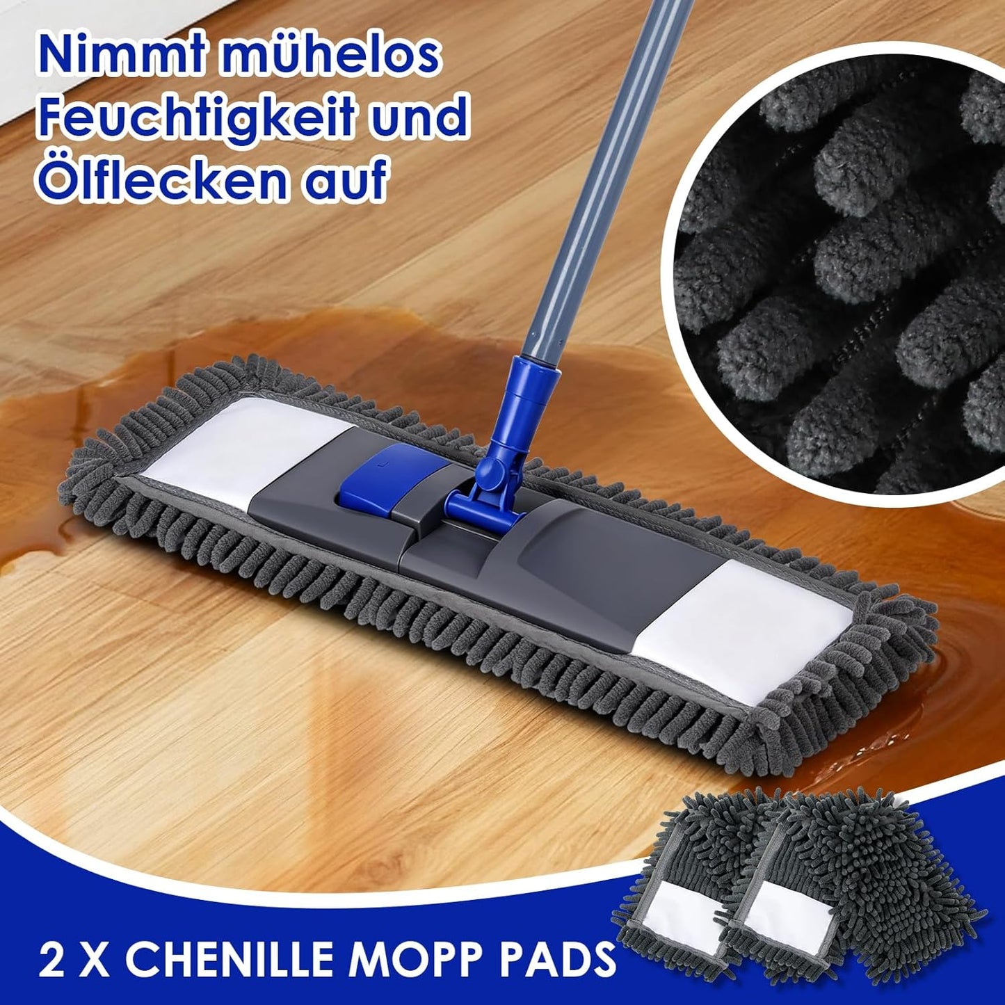 Masthome Mop Set of 4 Mop Pads, Chenille Floor Mop with Long Handle, Microfibre Flat Mop for Hardwood, Marble, Tile Cleaning, Send 1 Scraper, Blue