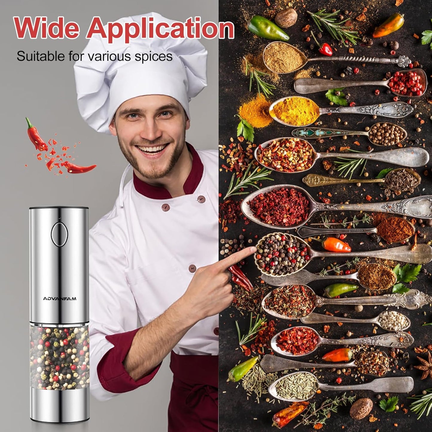 Advanfam Upgraded Larger Capacity Electric Salt and Pepper Grinder Stainless Steel Pepper Grinder with LED Light, Rechargeable Automatic Salt Pepper Mill...