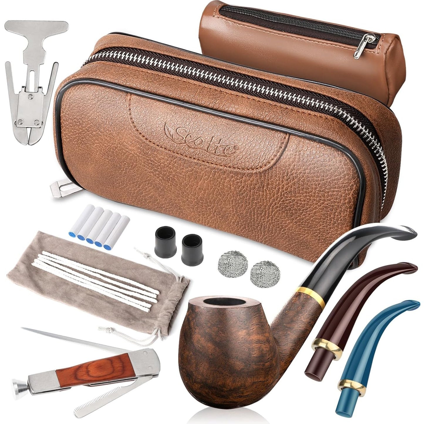 Joyoldelf Smoking Pipes, Exquisite Ebony Wood Tabacco Pipe, Tobacco Pipe Starter Kit with Pipe Cleaners, 9 mm Pipe Filters, 3-in-1 Pipe Scraper, Pipe Bits,...