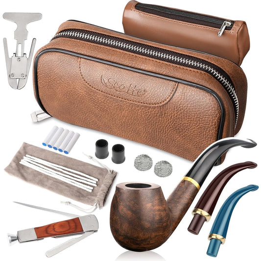 Joyoldelf Smoking Pipes, Exquisite Ebony Wood Tabacco Pipe, Tobacco Pipe Starter Kit with Pipe Cleaners, 9 mm Pipe Filters, 3-in-1 Pipe Scraper, Pipe Bits,...