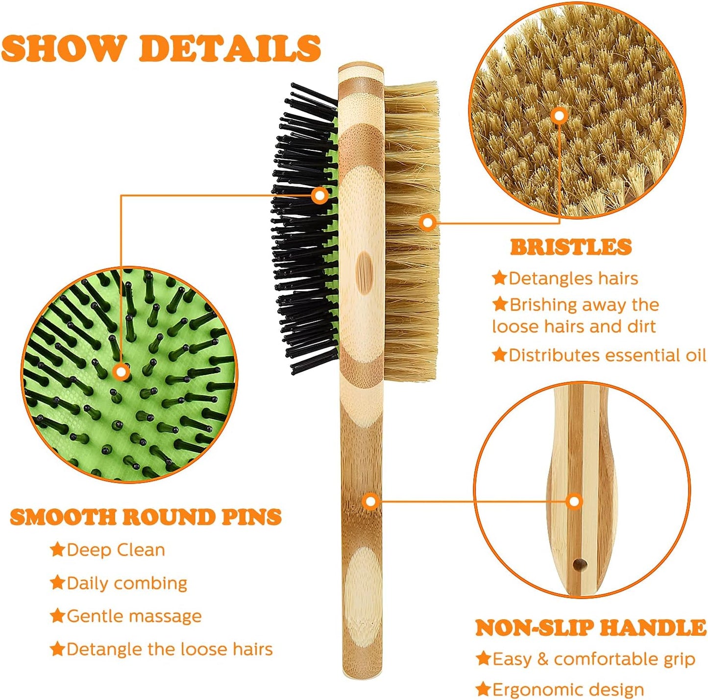 Grooming Brush for Dog & Cat, 2 in 1 Dog Pin Brush and Bristle Soft Brush, Dogs Comb and Brush for Cleaning Loose Fur & Dirt, Msuitable for Long and...