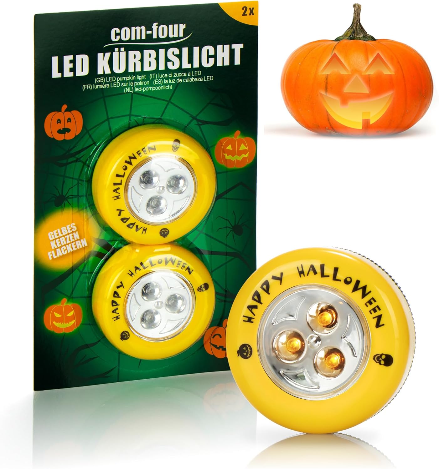 COM-FOUR® 2 x LED Halloween Flashing Pumpkins for Hollowed and Carved Pumpkins - Pumpkin Light (Set LED - 2 x Yellow)
