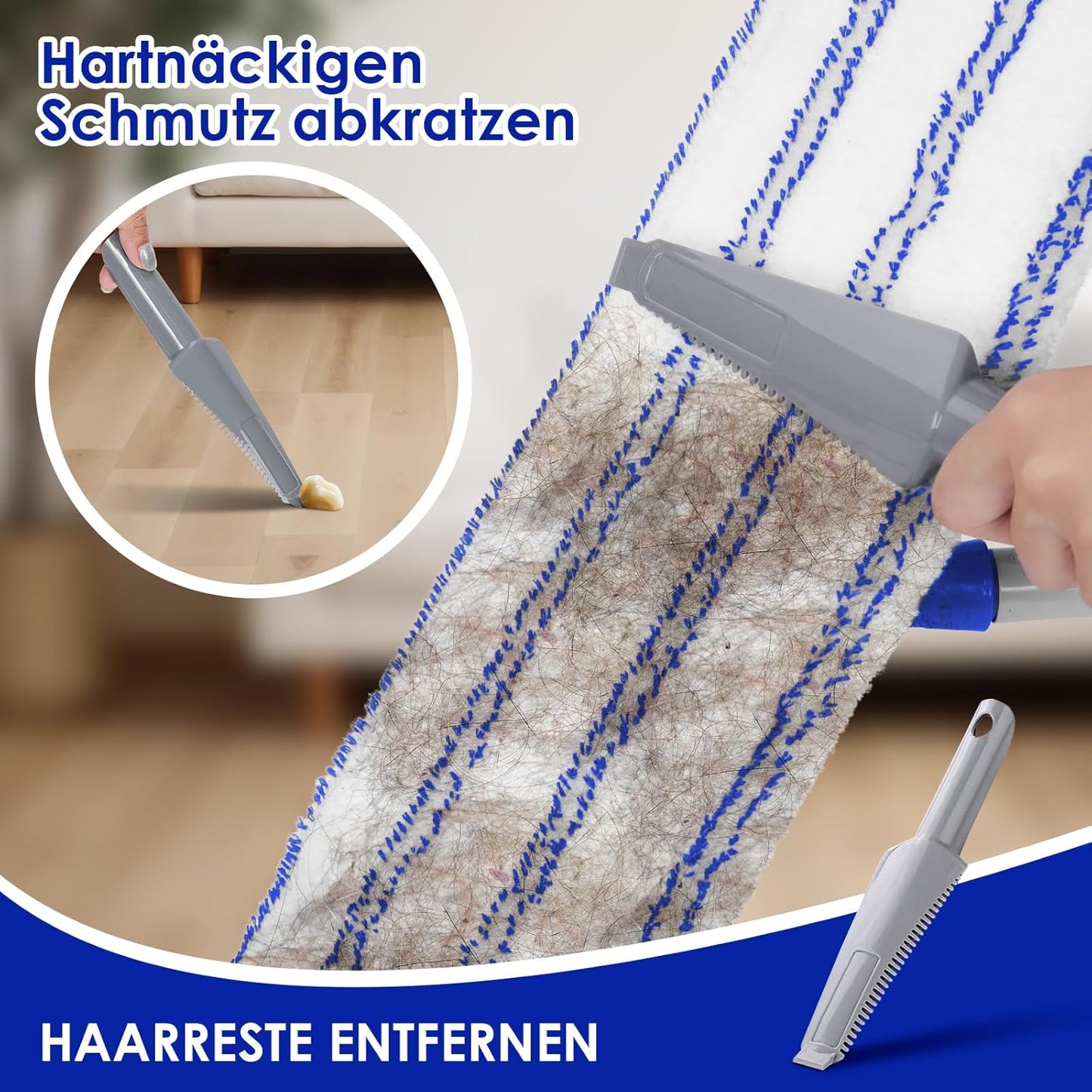 Masthome Mop Set of 4 Mop Pads, Chenille Floor Mop with Long Handle, Microfibre Flat Mop for Hardwood, Marble, Tile Cleaning, Send 1 Scraper, Blue