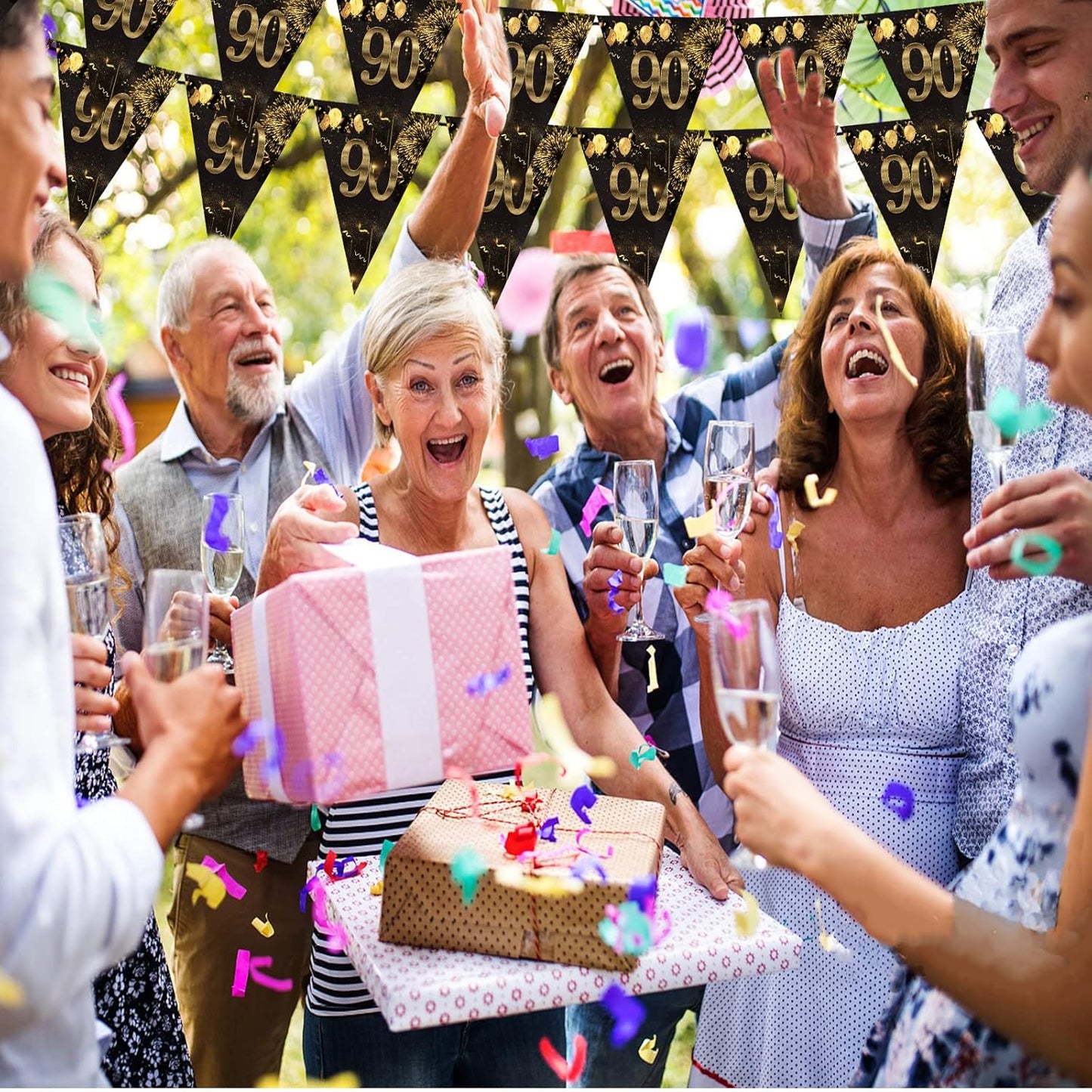 90th Happy Birthday Banner Bunting Flags 40 Pieces Gold and Black Glitter Birthday Anniversary Theme Party Decoration Supplies