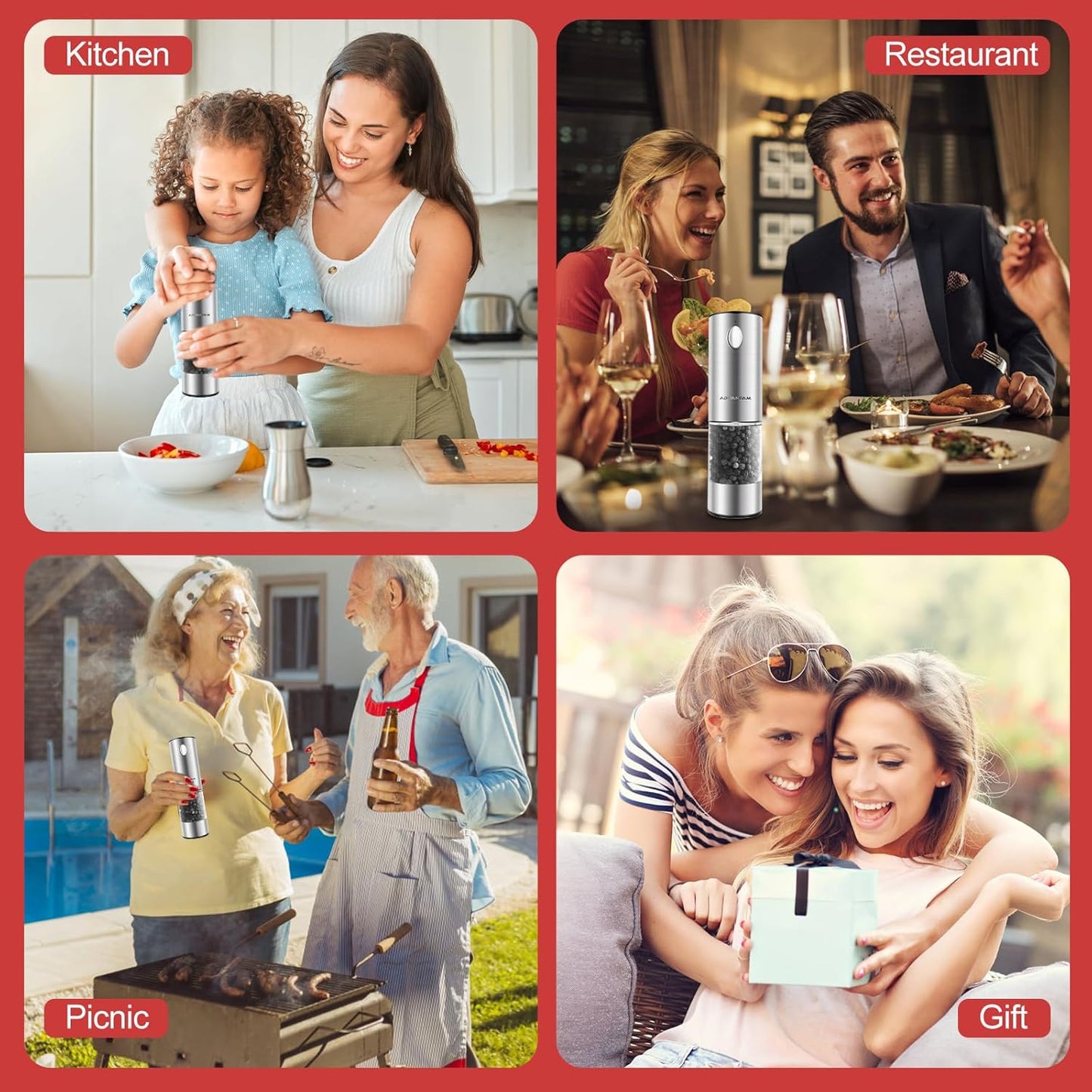 Advanfam Upgraded Larger Capacity Electric Salt and Pepper Grinder Stainless Steel Pepper Grinder with LED Light, Rechargeable Automatic Salt Pepper Mill...