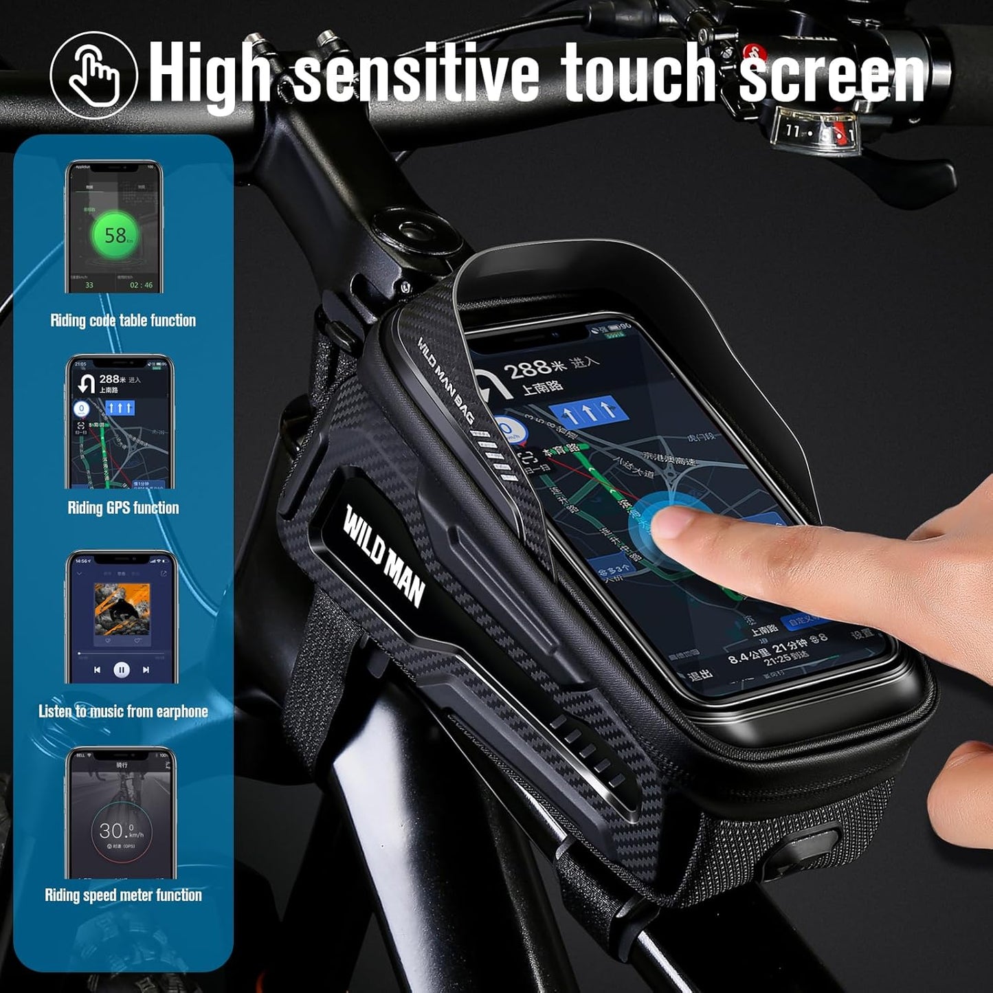 WILD MAN Bike Phone Bag Bike Pouch Top Tube Bag Bicycle Front Frame Bag Waterproof Bike Bag Phone Holder Compatible with 6.5”(Black)