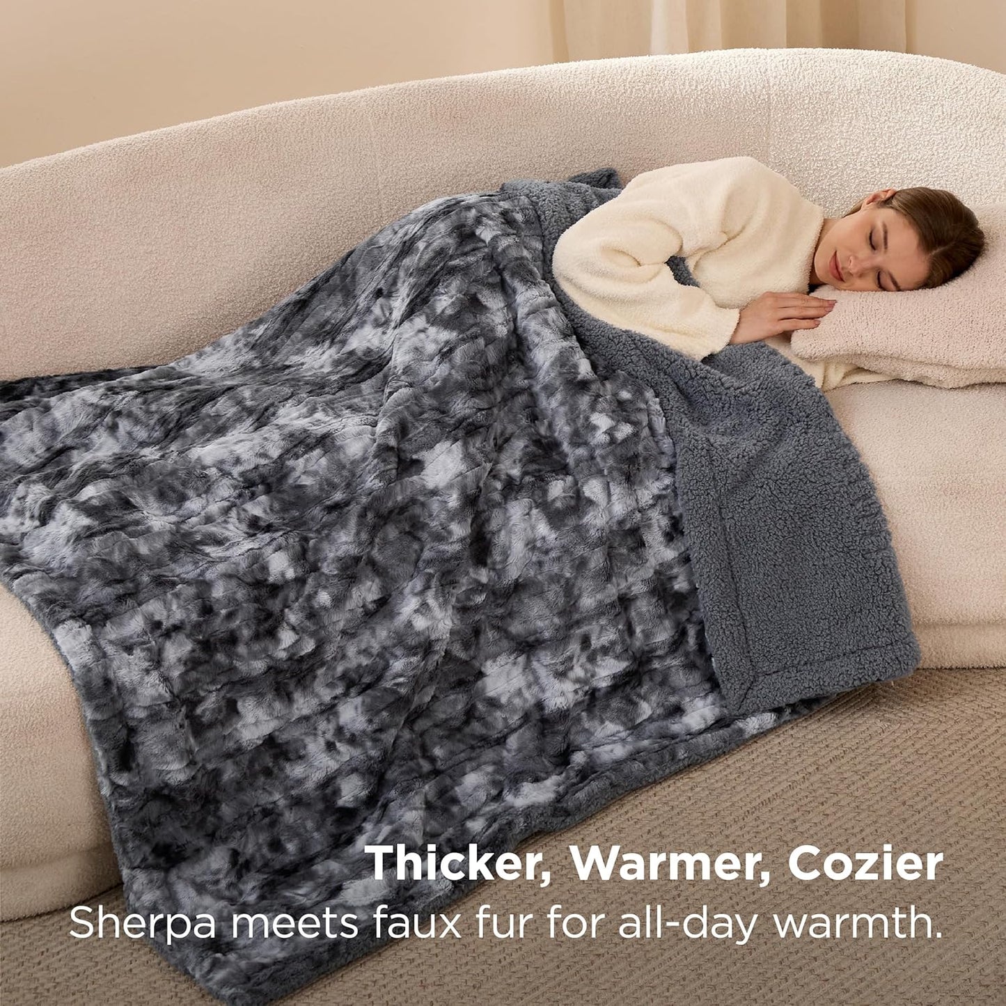 Bedsure GentleSoft Sherpa Throw Blanket – Plush Fleece & Fuzzy Faux Fur, Warm Cozy Tie-Dye Blanket for Couch, Sofa, Bed, Women’s Gift, 50x60 Inches, Grey