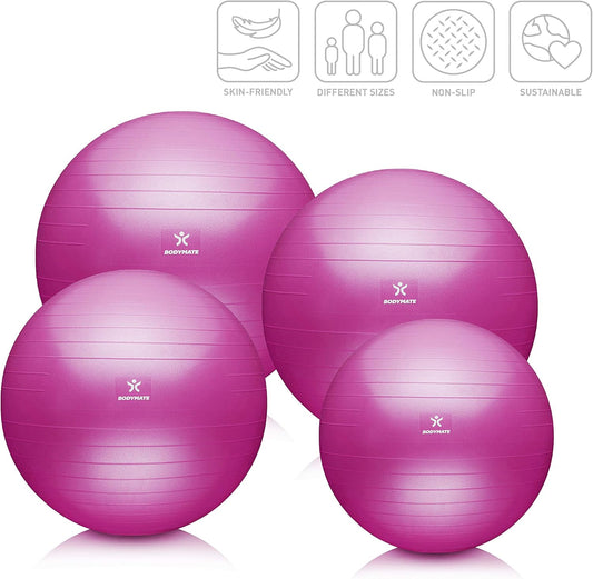 BODYMATE Anti-burst Exercise Ball - Includes Ebook and air pump - Gym-quality Swiss ball for fitness, pregnancy & birth and sizes