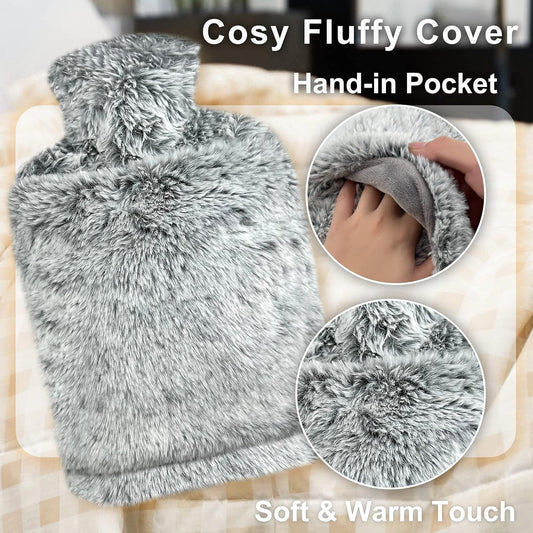 obqo 2L Hot Water Bottle with Cosy Fluffy Cover, Natural Rubber Hot Water Bag for Sleeping and Feet Warmer - Bed Warmer & Comfortable Feeling Gift for...