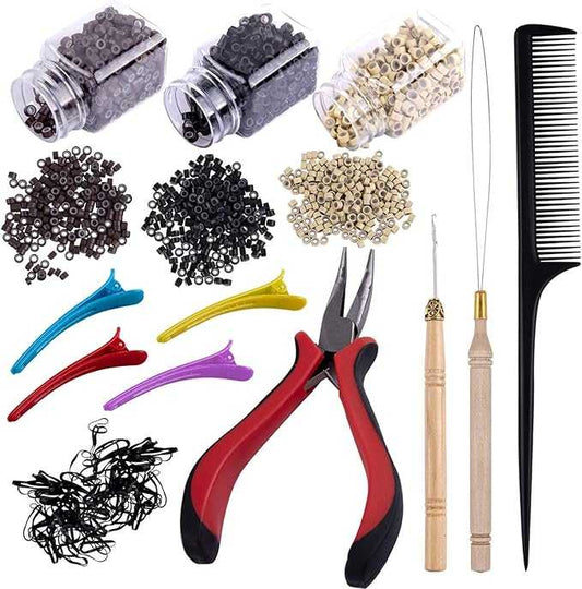 Hair Extensions Kit with 1500 Pcs Micro Ring Beads Black Blonde and Brown