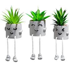 Cute Artificial Hanging Succulent Plant with Grey Cement Vase – Desk & Shelf Decor