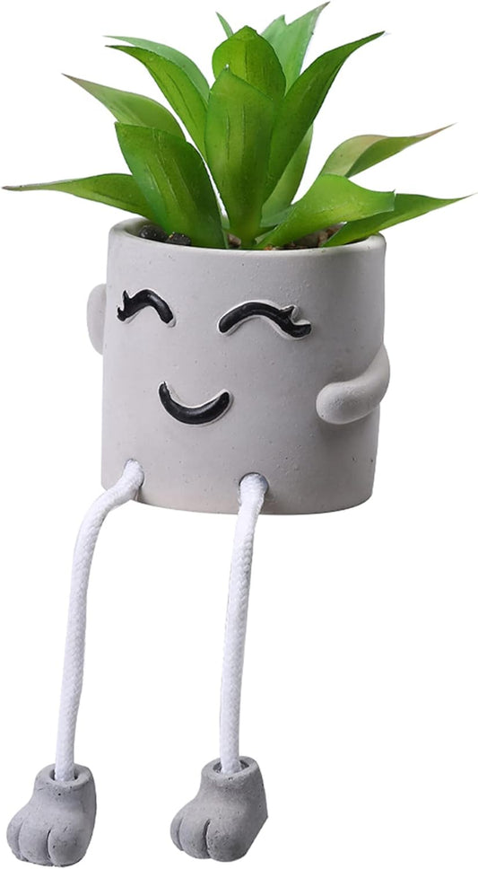 Cute Artificial Hanging Succulent Plant with Grey Cement Vase – Desk & Shelf Decor