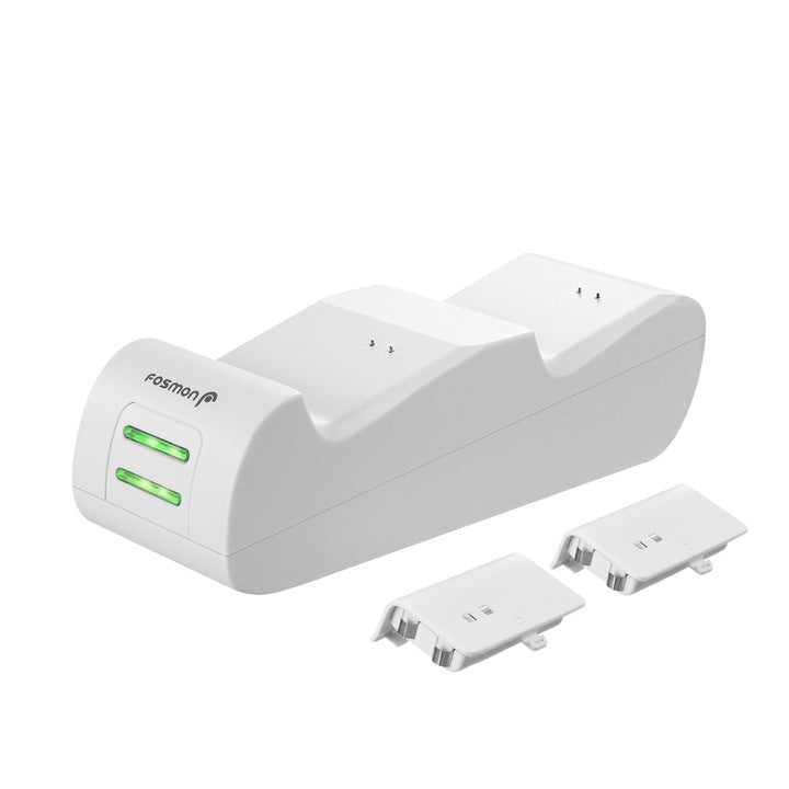 Fosmon Dual Charger Compatible with Xbox One / One X / One S Elite Controllers, Two Slots, High Speed Charging and Docking Station with 2 Rechargeable Batteries Included - White
