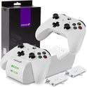 Fosmon Dual Charger Compatible with Xbox One / One X / One S Elite Controllers, Two Slots, High Speed Charging and Docking Station with 2 Rechargeable Batteries Included - White